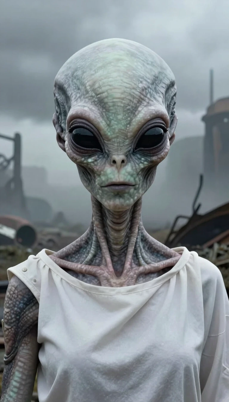 a realistic close-up shot of an alien-woman with full-black solid eyes, dressed with a white tunic, he's looking at the camera, detailed skin with monochrom pattern on face,…