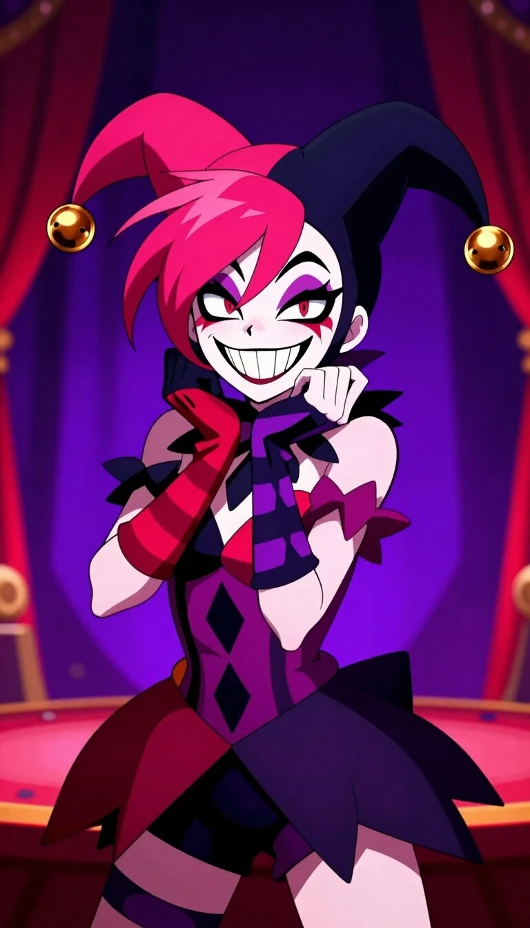 2D digital anime art style, a chaotic female jester character from "The Freak Circus", sharp mischievous grin with pointy teeth, asymmetric vibrant hair, wearing a…
