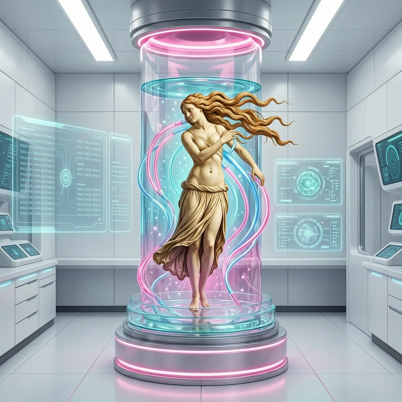 A stunning surreal collage: Sandro Botticelli's "Birth of Venus" reimagined in a futuristic biotechnology lab. Venus is not emerging from a shell, but being…