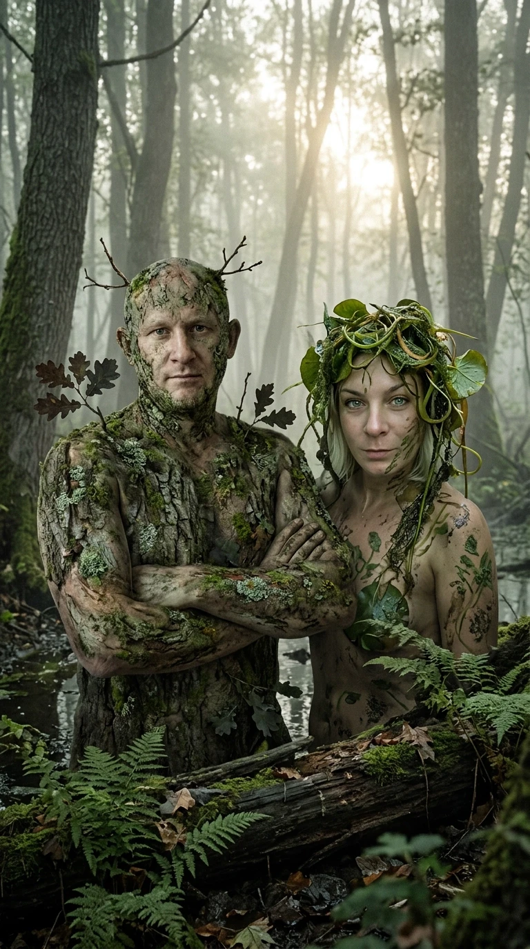 Hyper-realistic cinematic shot, National Geographic style photography, capturing a mystical encounter in a dense, misty Slavic swamp. A man and a woman transformed into Leshy…