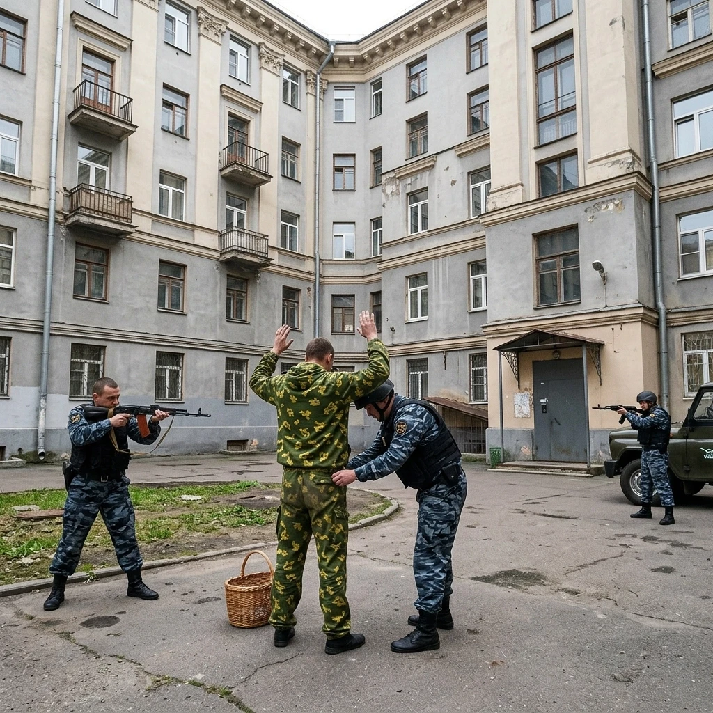 Внутренний двор углового дома сталинской постройки. Во дворе стоит мужчина в камуфляже "Берёзка" возле него стоит корзинка руки у него подняты. Его обыскивает боец…