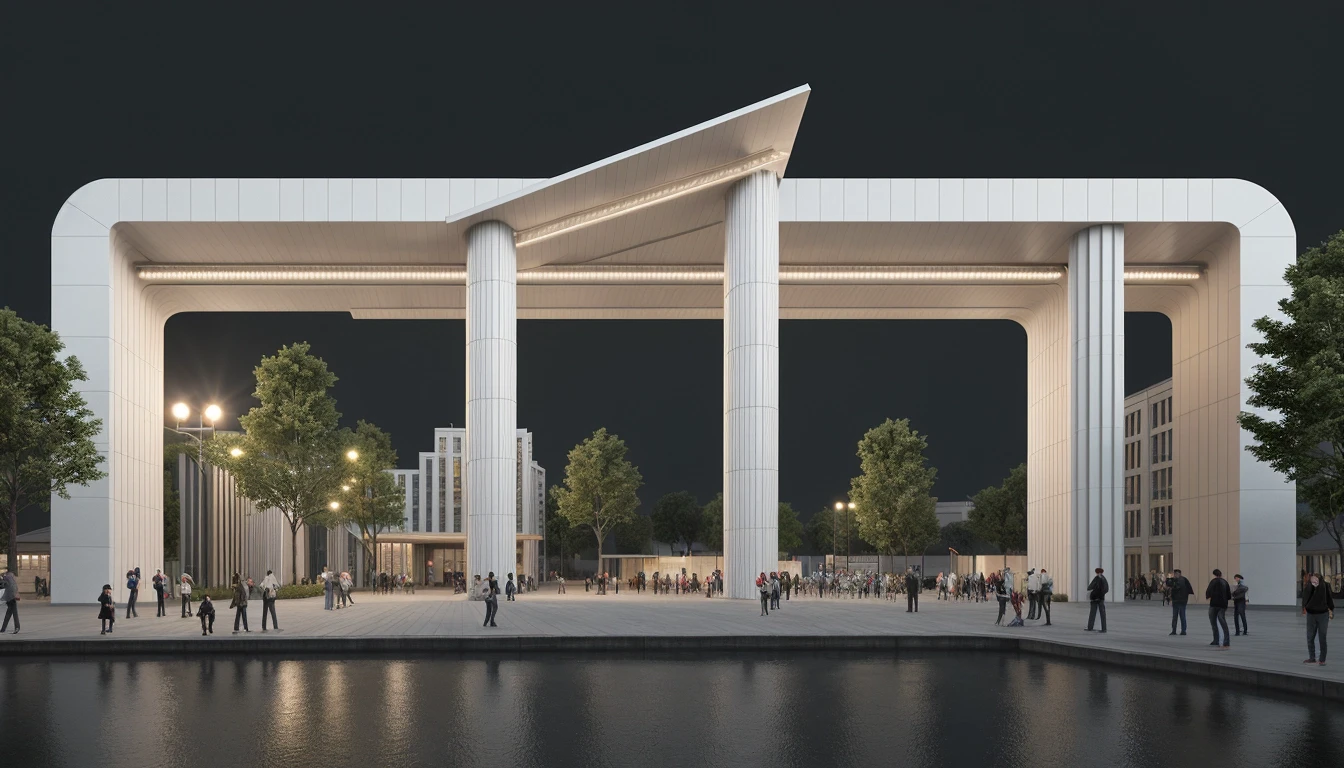 The main gate of Gorky Park's arch is disassembled into parts, columns and individual parts of the arch float in the air against a black background, 3D render — работа…