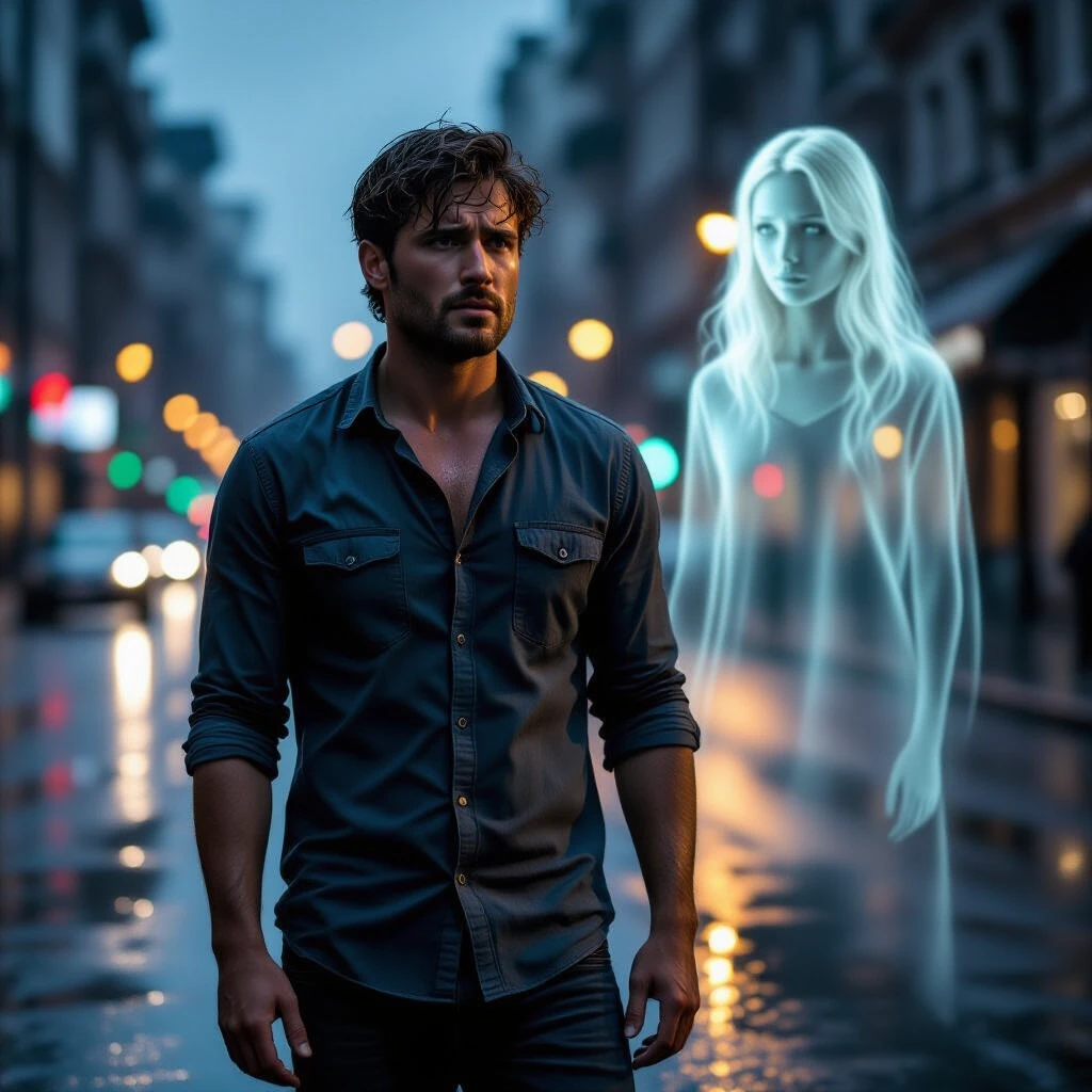 Cinematic photo realism, a 35-year-old dark-haired man in full view of the evening city, raining. Clothes: wet shirt and jeans. The man is standing, looking ahead with an…