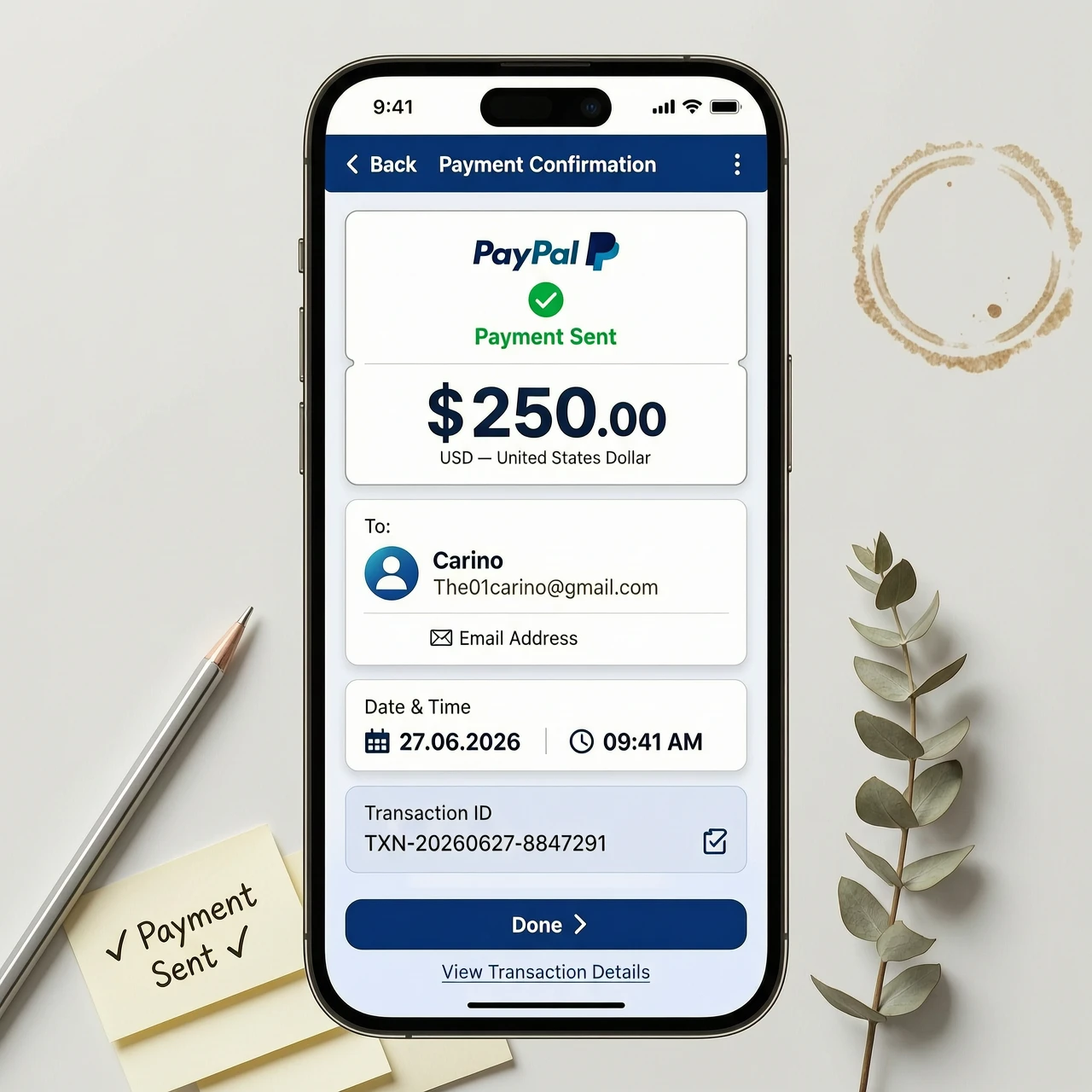 Generate an electronic transfer/bill for $250 in a mobile version of PayPal to The01carino@gmail.com on 27.06.2026 — работа пользователя Неповторимый Кристалл