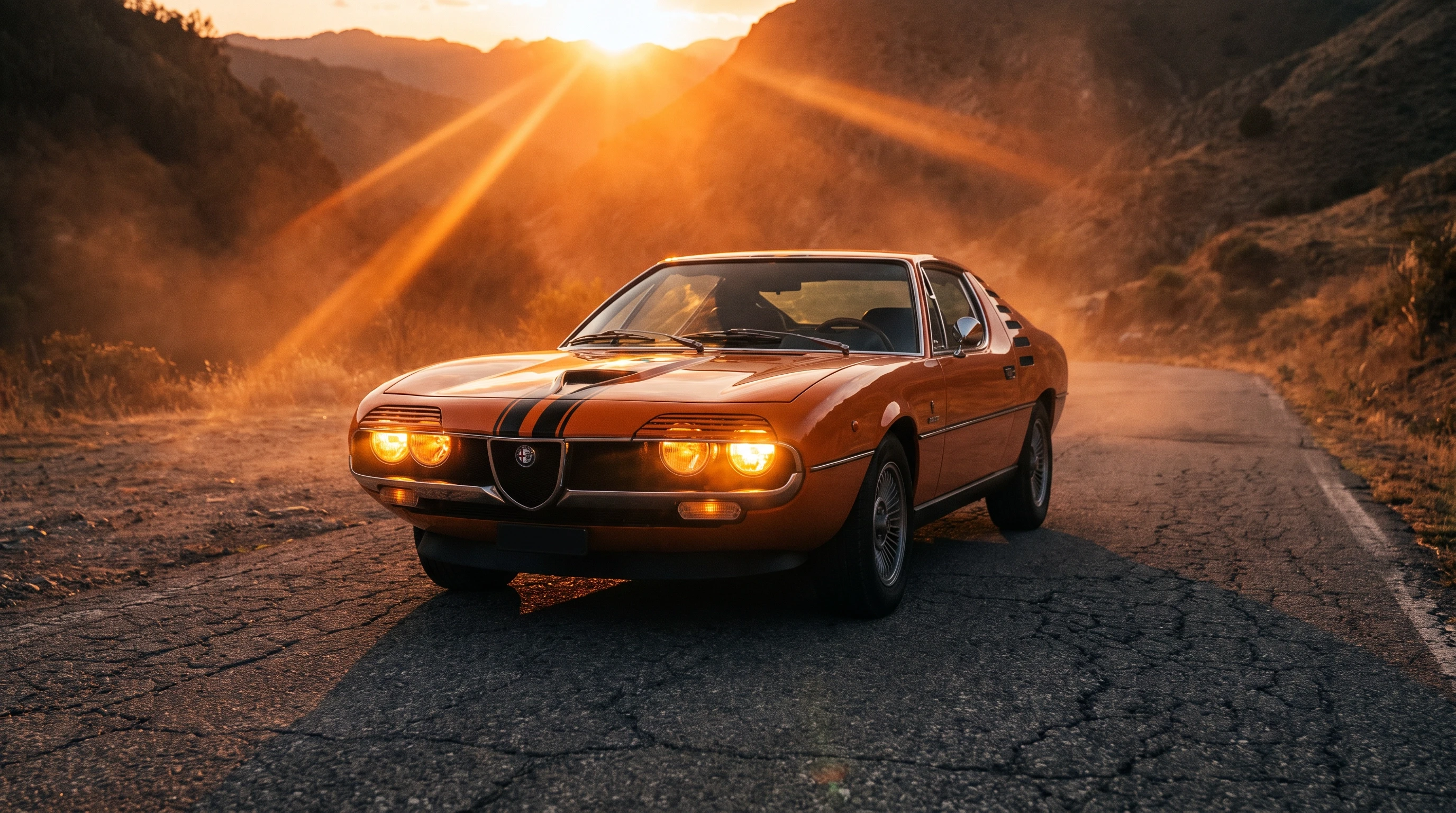Alfa Romeo Montreal, оранжевый окрас, чёрные полоски, стоит на асфальте, эпичный ракурс, оранжевые лучи, горящие фары, кинематографичная съёмка, шедевр — работа пользователя…