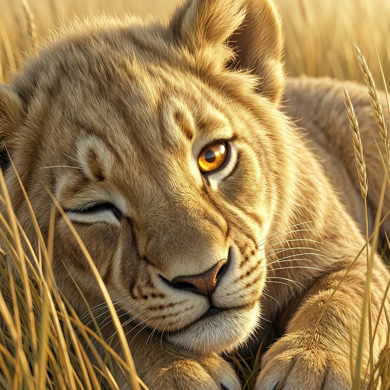 Extreme close-up of a cute fluffy lion cub named Lyova sleeping in tall golden savanna grass. One eye is slightly cracking open, showing a bright amber iris with a contracting…
