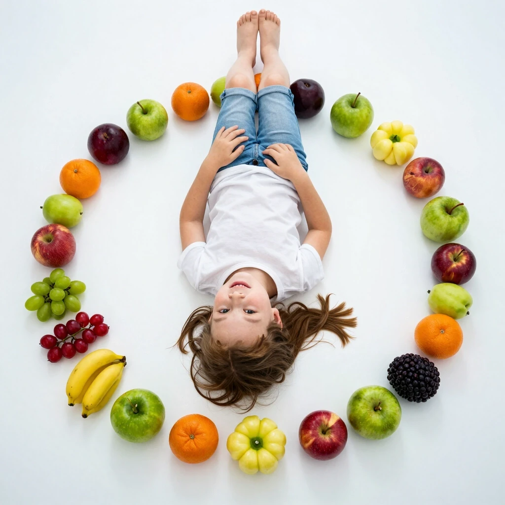 The girl lies on the plate like game, with fruits and flowers around — работа пользователя Огненная Симметрия