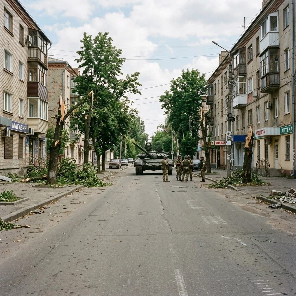 Длинная городская улица. в далеке стоит всего один танк т80. Возле него пять вооружённых людей. некоторые деревья на тротуарах сломаны. На улице лето. Здания не выше четырёх…