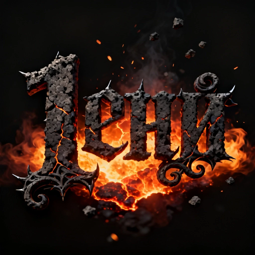 Cinematic smoldering charcoal and glowing ember title text in Russian: "1" with intricate gothic-inspired ash-covered curlicues and sharp, crackling charcoal filigree,…
