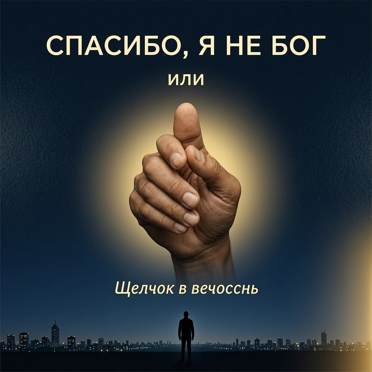 создай обложку книги на русском языке Фон: Тёмно-синий, почти чёрный, с лёгкой текстурой, напоминающей песок или пыль. Центр: Крупным планом, вид от первого лица - ладонь…