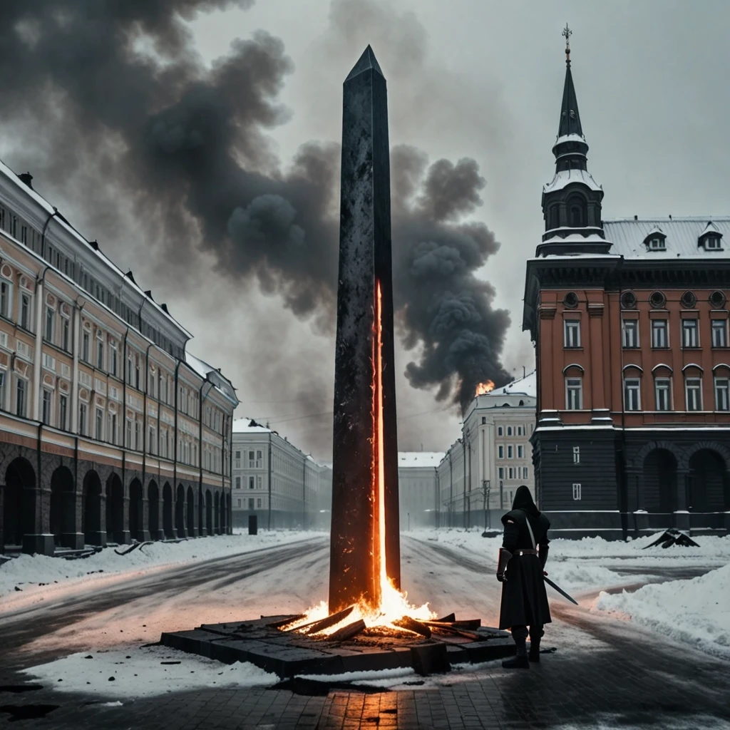 Воин с огненным мечом стоит на площади города и смотрит на высокую трех угольную белую стелу. Рядом стоит русские военные и техника — работа пользователя Магнетическая Волна