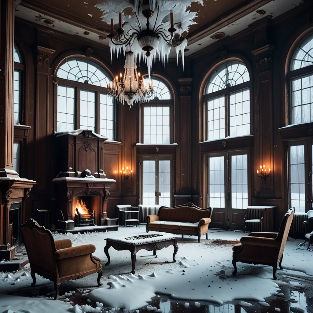 An elegant abandoned hotel lobby with a roaring fireplace, antique furniture, crystal chandelier, snow blowing against tall windows, no people, eerie silence, warm interior…