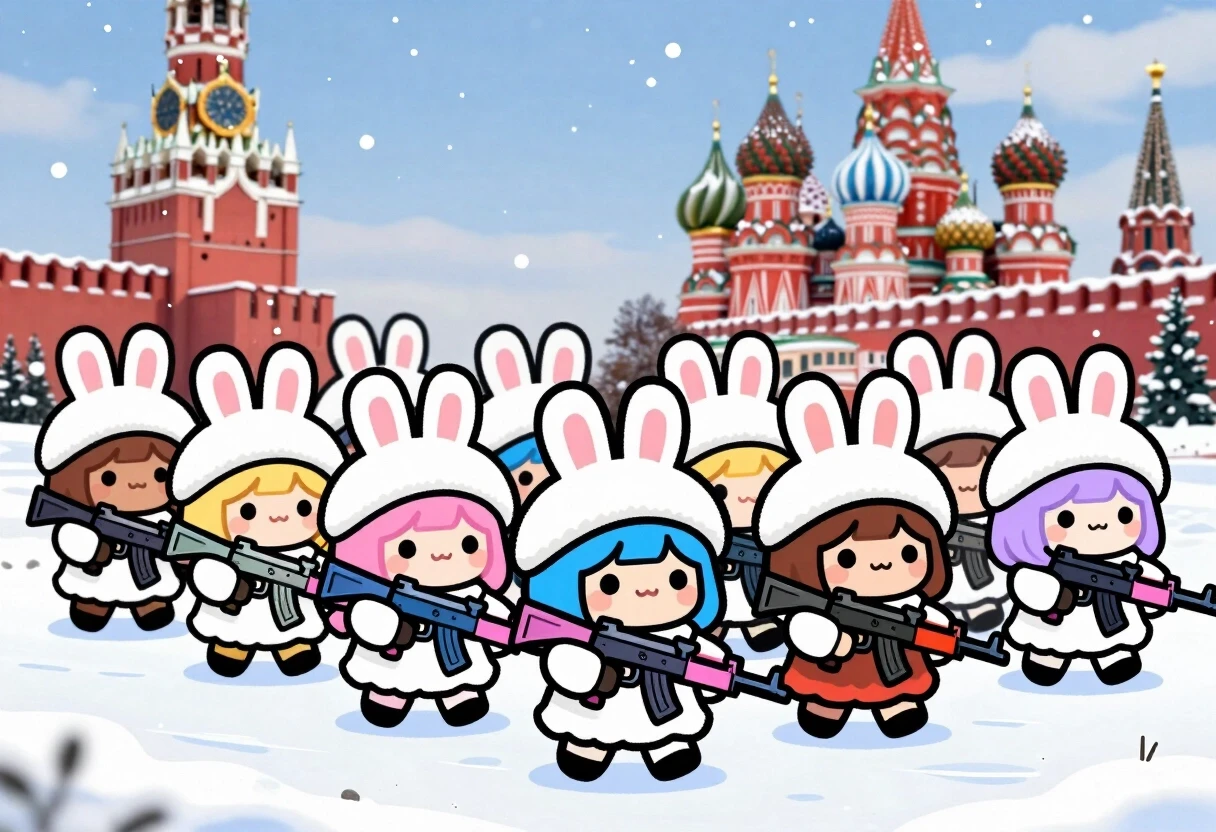 Cute kawaii chibi bunny girls with different hair colors (blonde, pink, blue, brown, lavender) marching in multiple dense rows on snowy Red Square. White fluffy fur coats,…