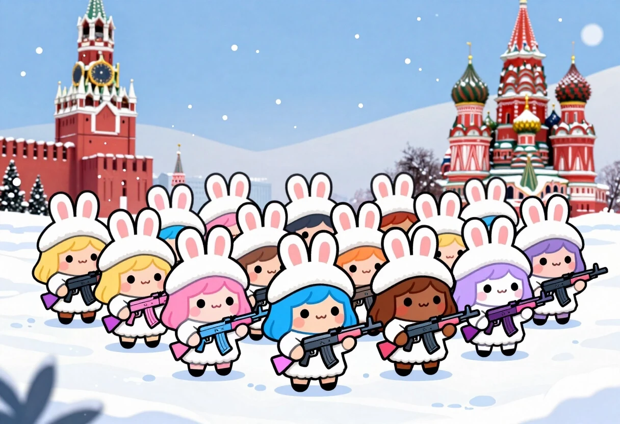 Cute kawaii chibi bunny girls with different hair colors (blonde, pink, blue, brown, lavender) marching in multiple dense rows on snowy Red Square. White fluffy fur coats,…