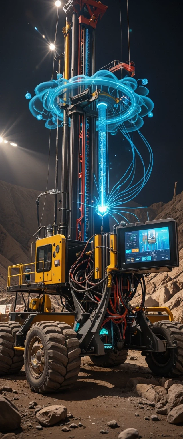 **"A hyper-realistic, cinematic wide-shot of a state-of-the-art drilling rig as a 'living system'. The image merges physical form with digital intelligence. In the…