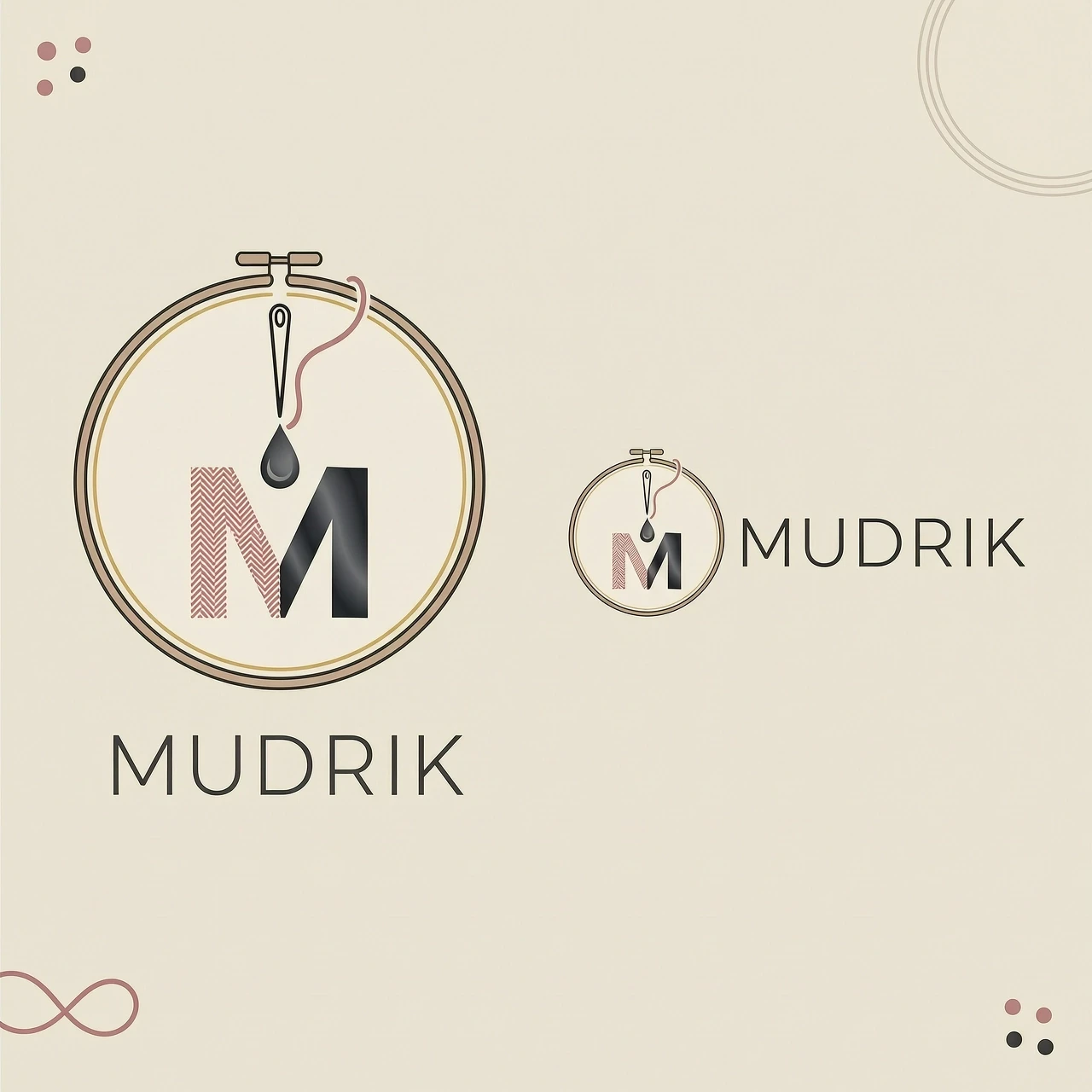 Elegant, minimalist, gentle logo for a machine-embroidery and DTF-printing studio named "Mudrik". Round badge shaped like an embroidery hoop (circular frame). Inside…