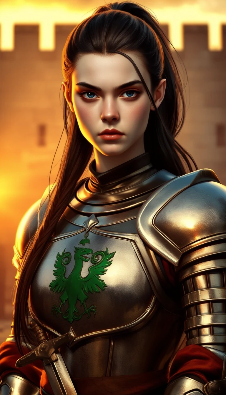 A portrait of a young noblewoman with long black hair tied back in a ponytail, a stern and confident expression on her face, snow‑white skin, a girl in polished steel armor with…