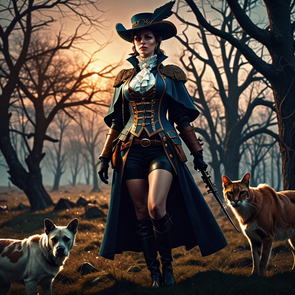 Aristocratic Irresistible Female Hunter, Panorama, Gloomcore, pov, fine artistic composition, magical atmosphere, cinematic perfect intricate stunning fine detail, background…