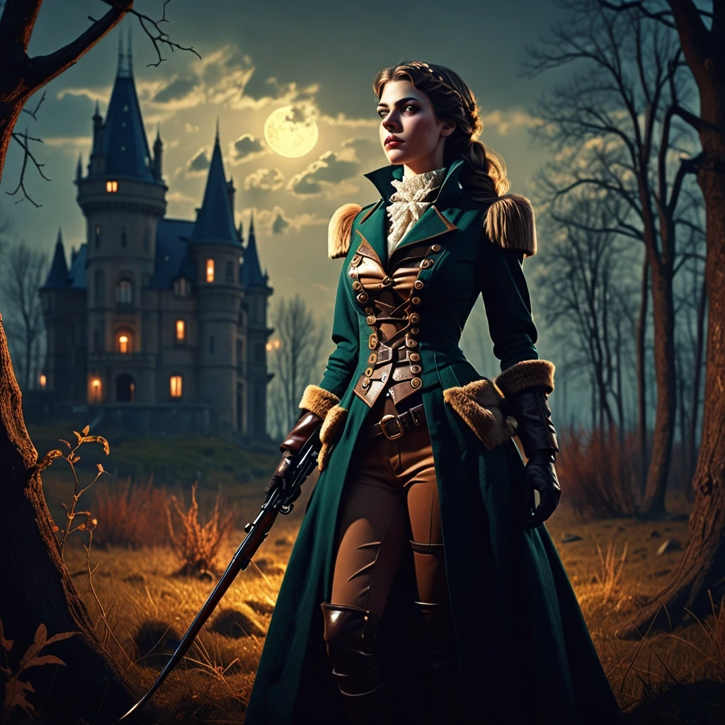 Aristocratic Irresistible Female Hunter, Panorama, Gloomcore, pov, fine artistic composition, magical atmosphere, cinematic perfect intricate stunning fine detail, background…