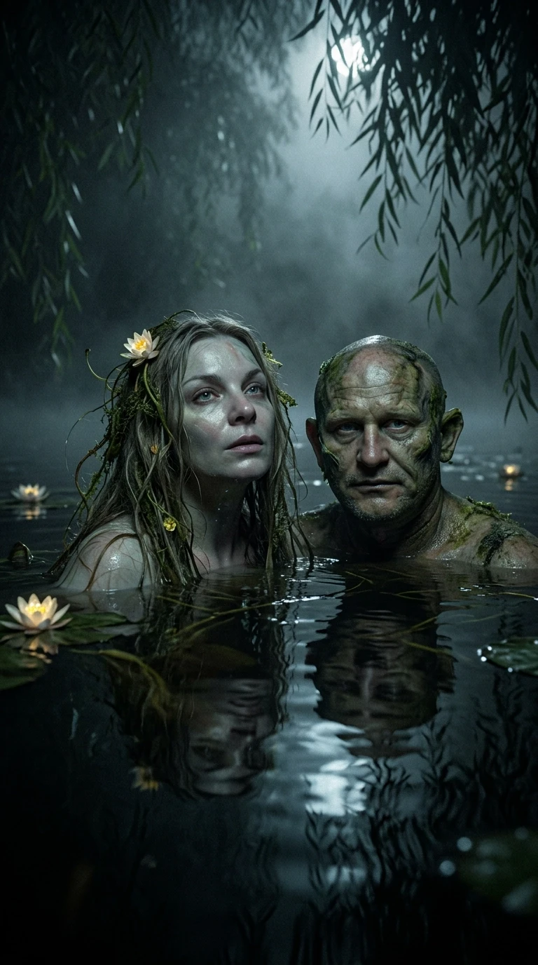 Hyper-realistic found footage shot, candid paranormal photography, a secret nighttime capture of a Russian mystical Rusalka and Vodyanoy in a dark river marsh. A beautiful woman…