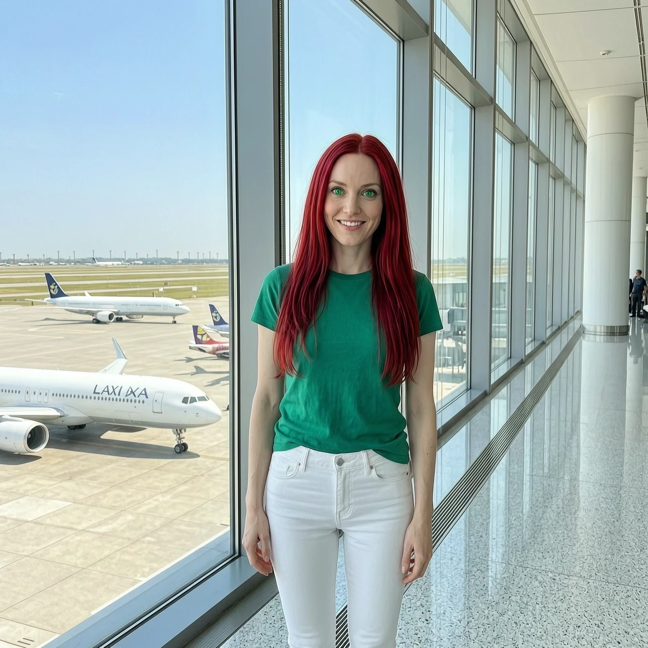 A beautiful 27-year-old petite woman, 160 cm tall, slim and fragile build. Long vibrant dyed-red hair falling below her shoulder blades. Clear porcelain skin, completely without…
