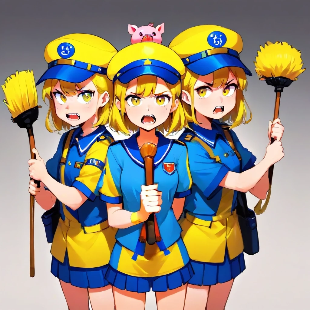 Teenagers with angry, stupid faces, in yellow and blue military uniforms, wearing military caps with pig-head cockades on their heads, holding brooms and plungers in their…