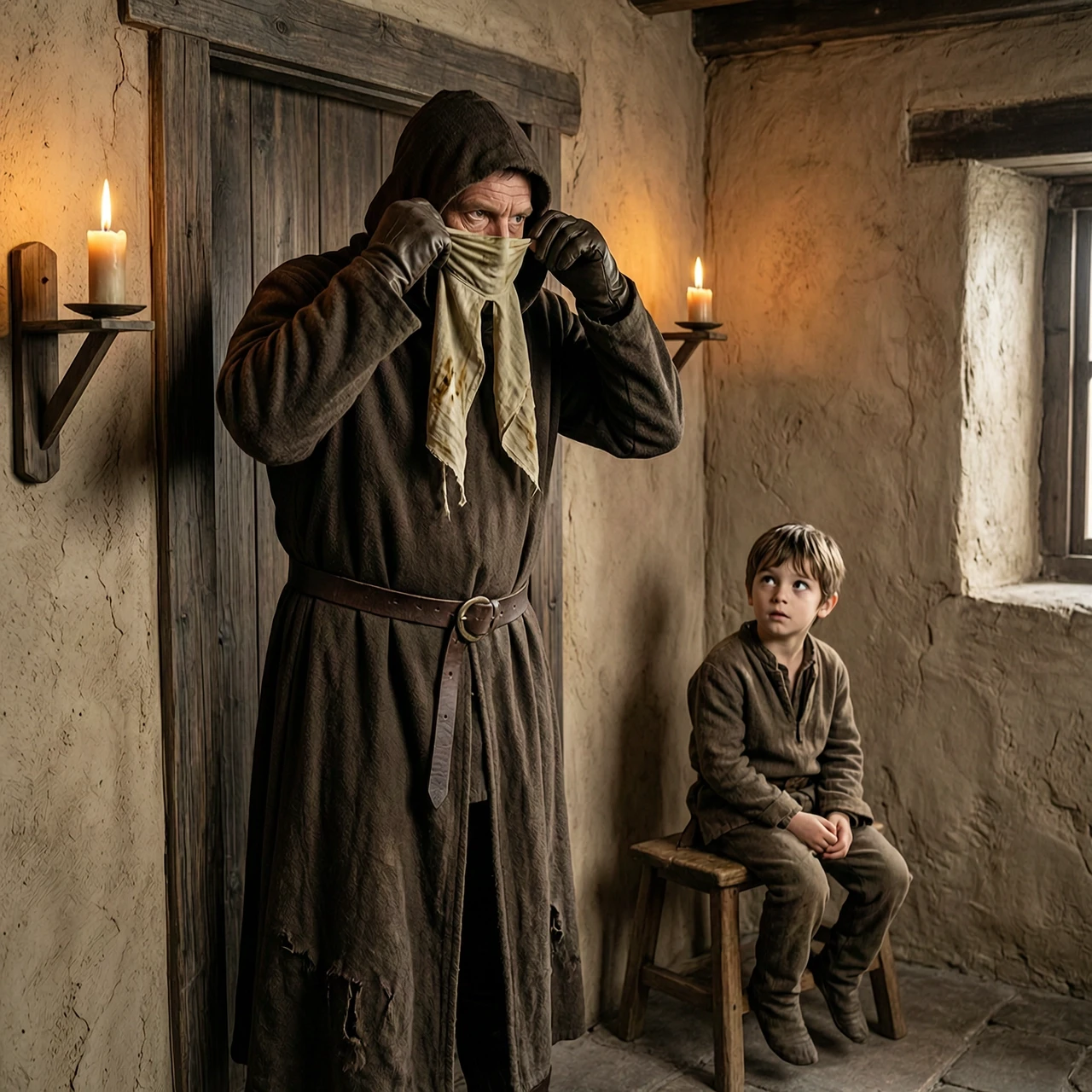 A cinematic medieval dark fantasy scene, 16:9 aspect ratio. Inside a modest stone house with warm dim candlelight, a rugged father figure stands near a wooden doorway, tying a…