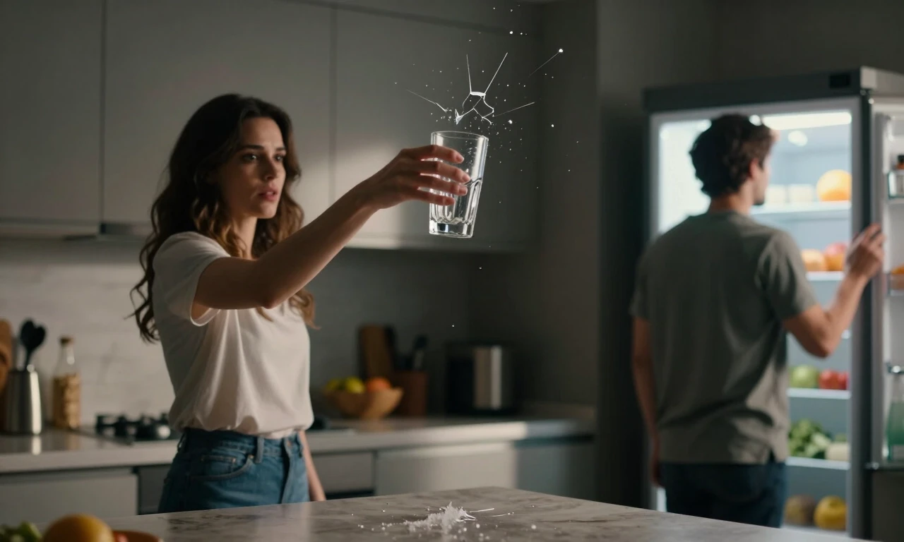 A single frozen moment in a kitchen: a woman dropping a glass from her hand mid-air, a man turned away toward the fridge unaware, the glass suspended in time representing the…