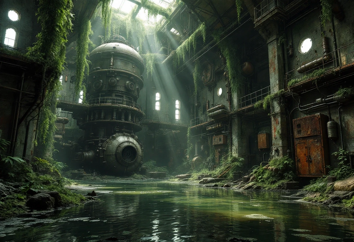 Cinematic wide shot of a decaying, abandoned military bunker hall, partially submerged in murky, stagnant water reflecting the overhead ruins. The atmosphere is heavy with…