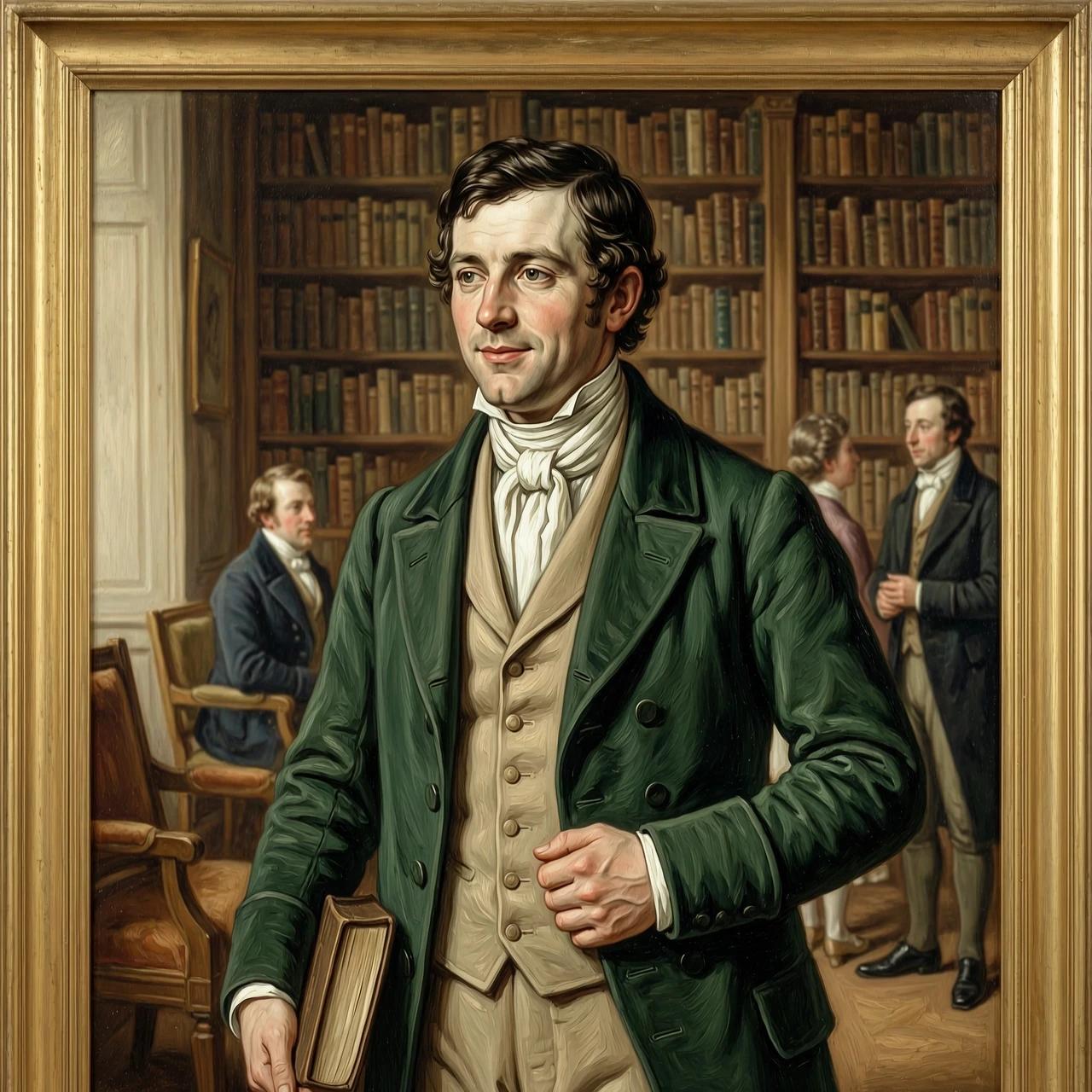 Half-body portrait of a young man, 25–26 years old, England, 19th century, Regency era. Simple, natural features — not ideal, not from a magazine cover, but real. Dark hair,…