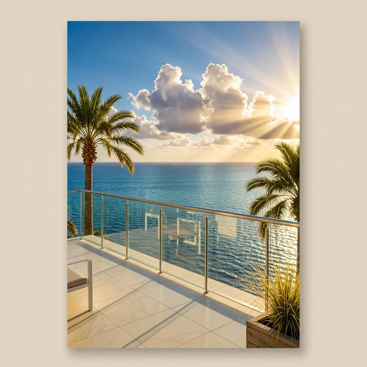 Book cover art, vertical 3:4 aspect ratio, minimalist aesthetic. A stunning panoramic view of a luxury modern glass villa balcony overlooking the deep blue ocean in Malibu. Palm…