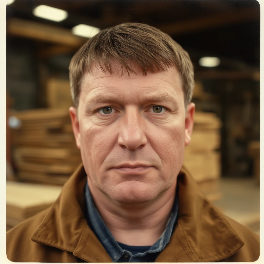 Close-up portrait of a 40-year-old Russian man, stocky build, round face, clean-shaven, short straight brown hair with a neat flat fringe. Calm, serious and focused expression,…