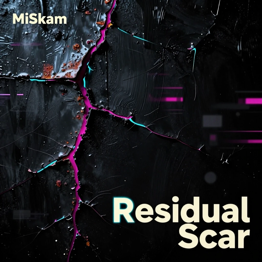 Dark, atmospheric leftfield bass album cover: abstract close-up of a textured surface with clean, non-anthropomorphic fissures and layered materials (matte black paint, oxidized…