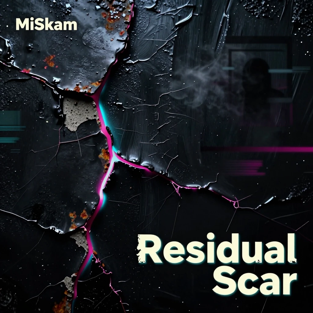 Dark, atmospheric leftfield bass album cover: abstract close-up of a textured surface with clean, non-anthropomorphic fissures and layered materials (matte black paint, oxidized…