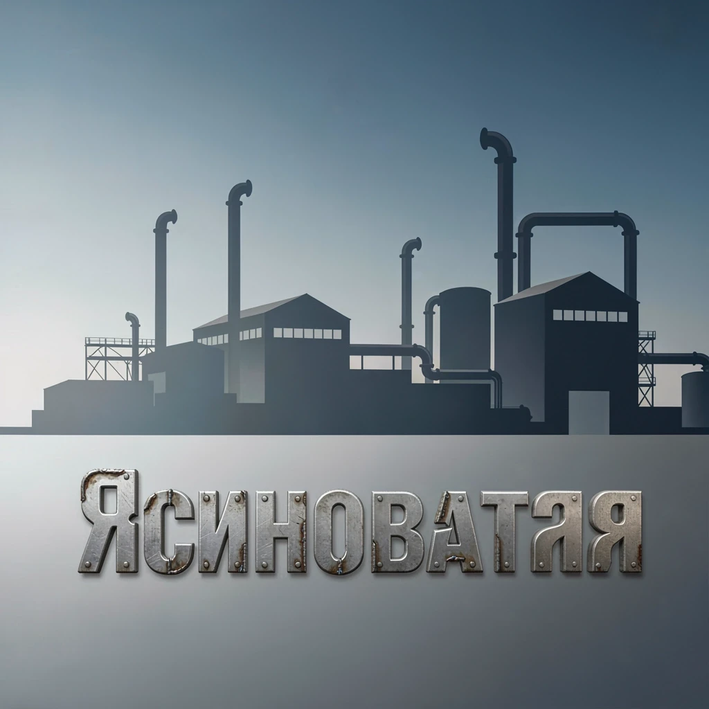 Изобрази слово «Ясиноватая» минималистичным леттерингом в индустриальном стиле: строгие геометрические формы букв, будто вырезанные из листового металла, с видимыми кромками,…