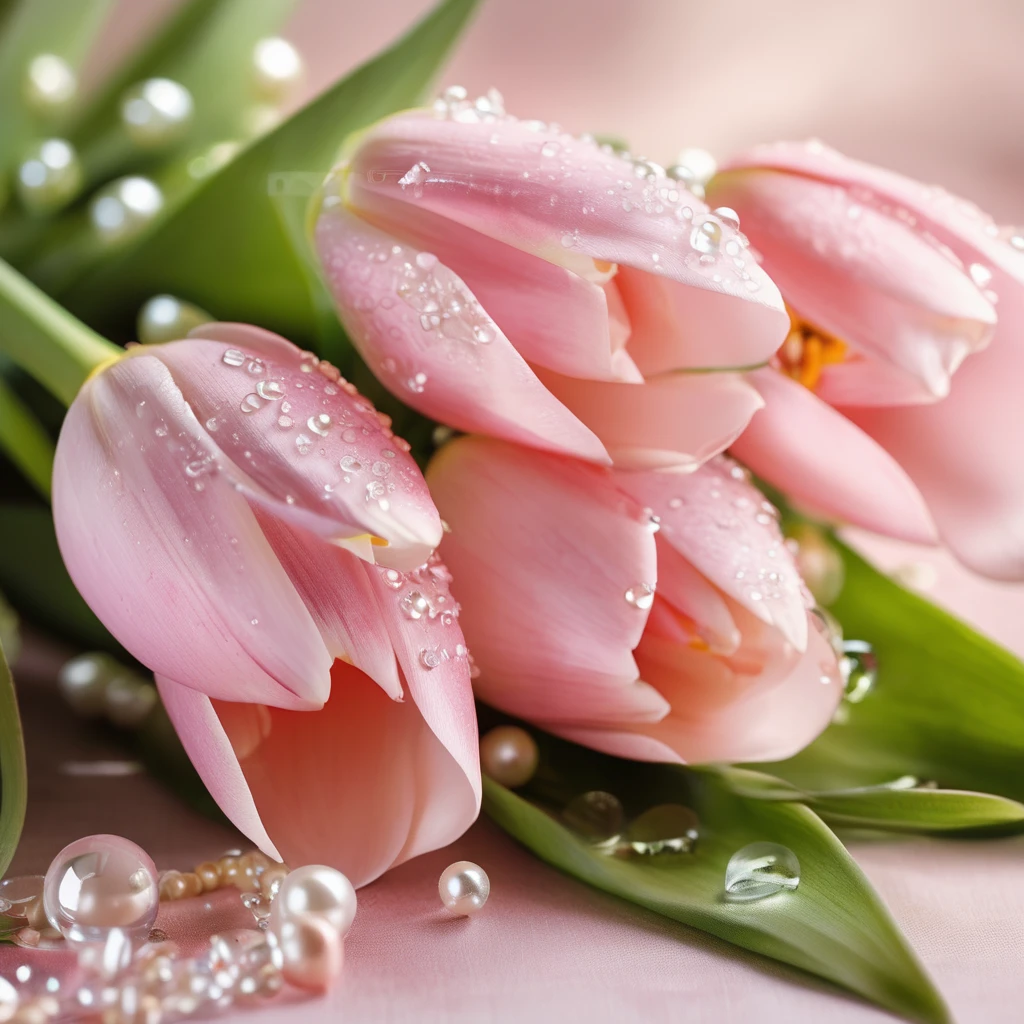 Luxury birthday greeting card, elegant bouquet of soft pink tulips, porcelain-like petals, decorated with dew drops and pearl beads, champagne satin ribbon with crystal…