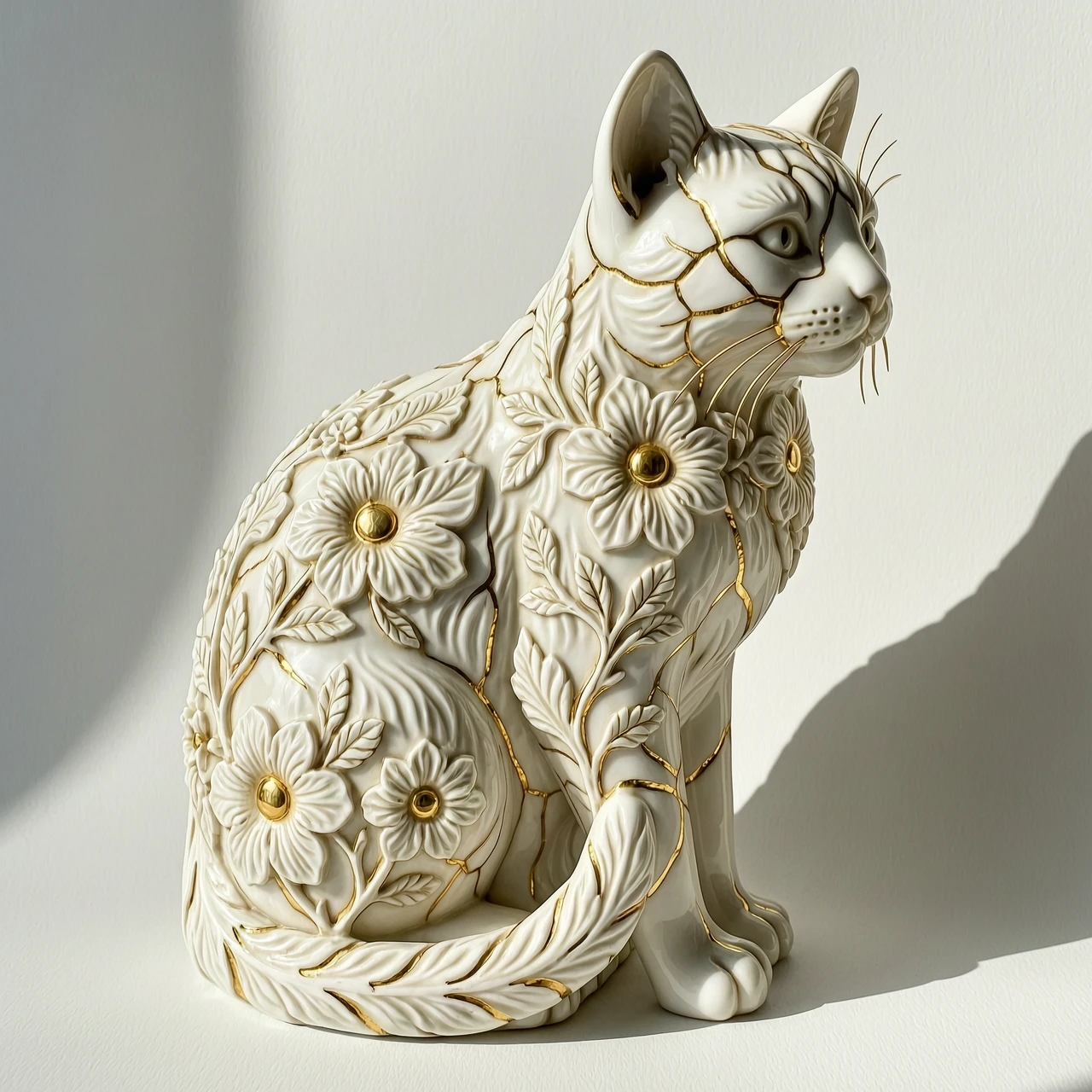 Digital image in Baroque and rocaille style with elements of kintsugi technique. Close-up. (Decorative sculpture made of white porcelain: 1.5). Golden cracks. Volume. The…