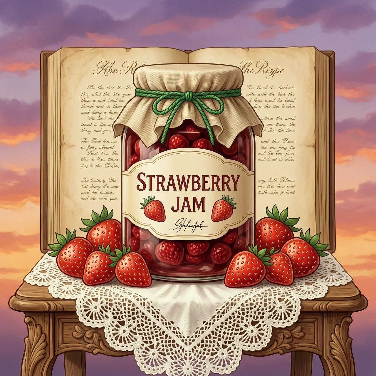 In the center of the composition is a large glass jar with jam. It has a characteristic shape: a wide bottom and a tapering neck. The jar is covered with a beige cloth lid,…