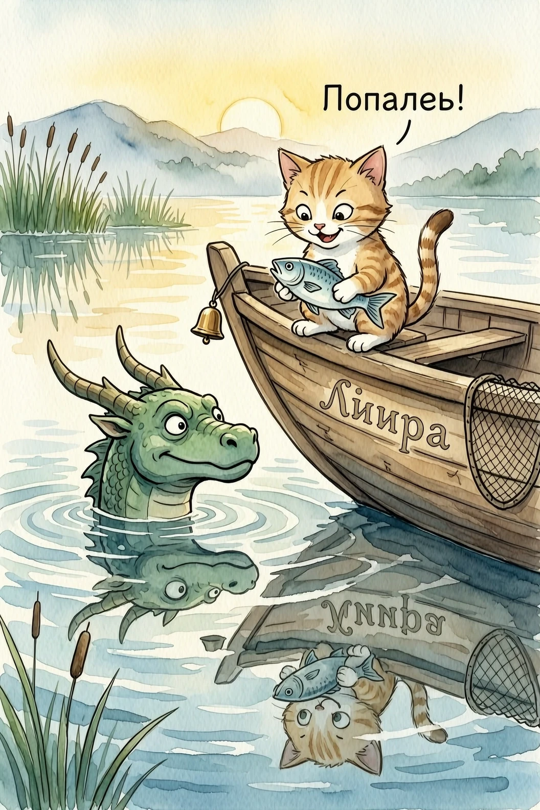 2. Котёнок побеждает смекалкой: акварельная иллюстрация (лёгкая, волшебная, с юмором) Нарисуй сцену в акварельной технике: котёнок сидит на краю деревянной лодки, в лапках у…