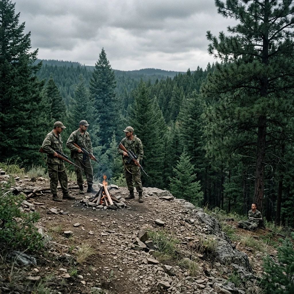 Хвойный лес. На склоне холма стоят трое вооружённых мужчин в камуфляже и бейсболках Оружие отечественного производства. Небольшой костёр. В отдалении возле дерева сидит ещё…
