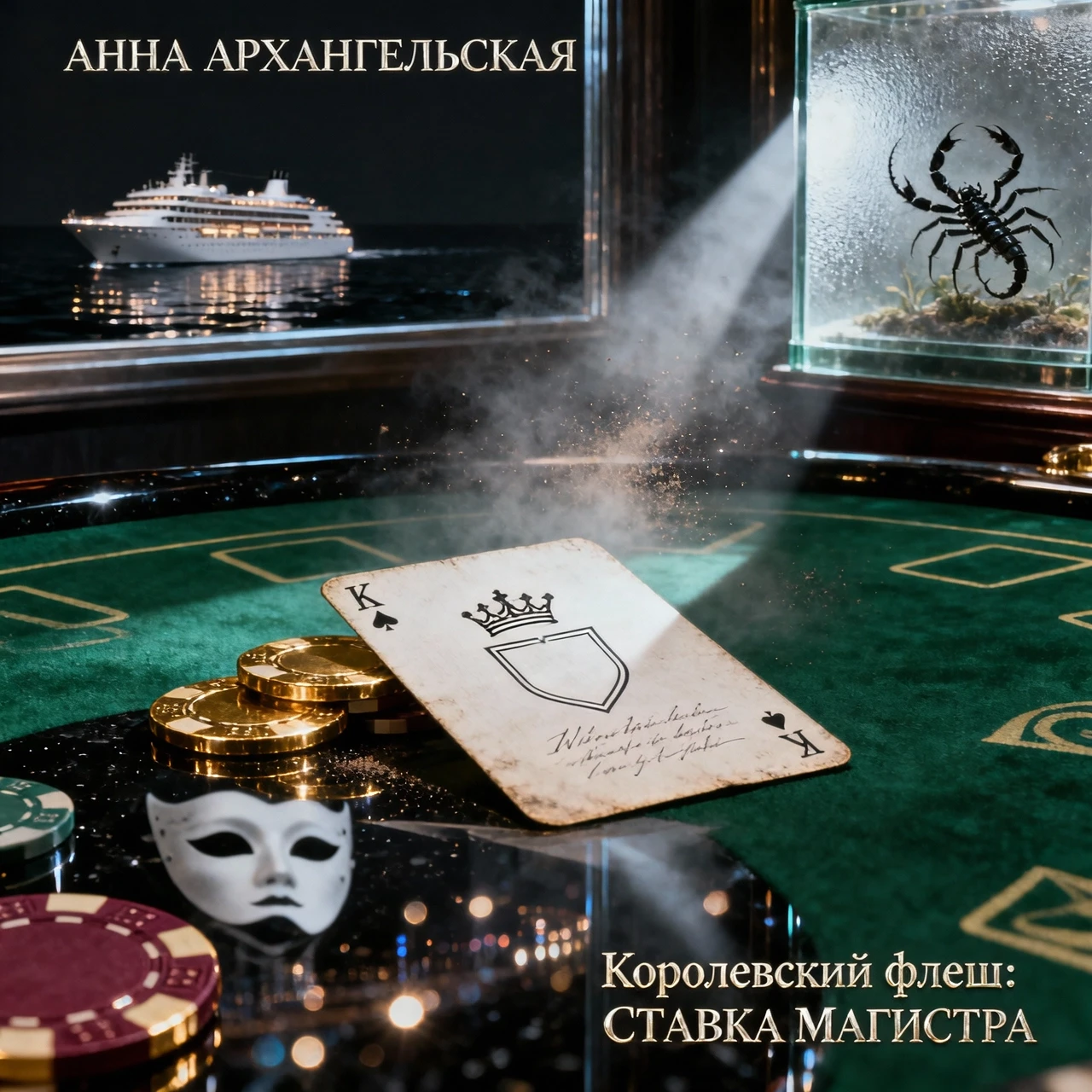 Premium A5 book cover for a detective thriller, vertical orientation. Cinematic realism, hyper-detailed photorealism. Composition: A macro close-up shot of a professional poker…
