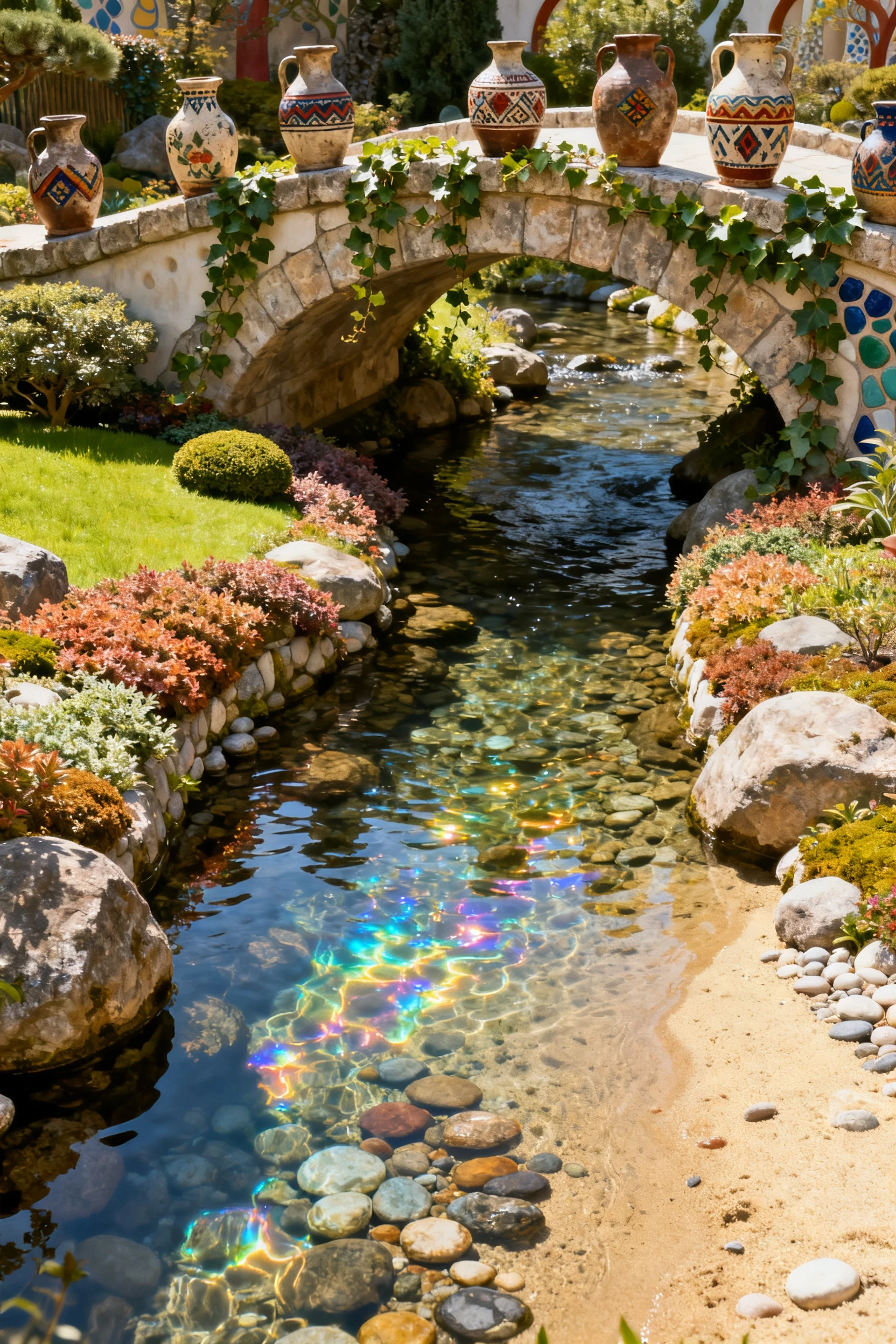 A small landscape architectural form in a style that combines Gaudí’s modernism and Japanese wabi‑sabi. A neat, well‑maintained rock garden with a stream in picturesque banks…