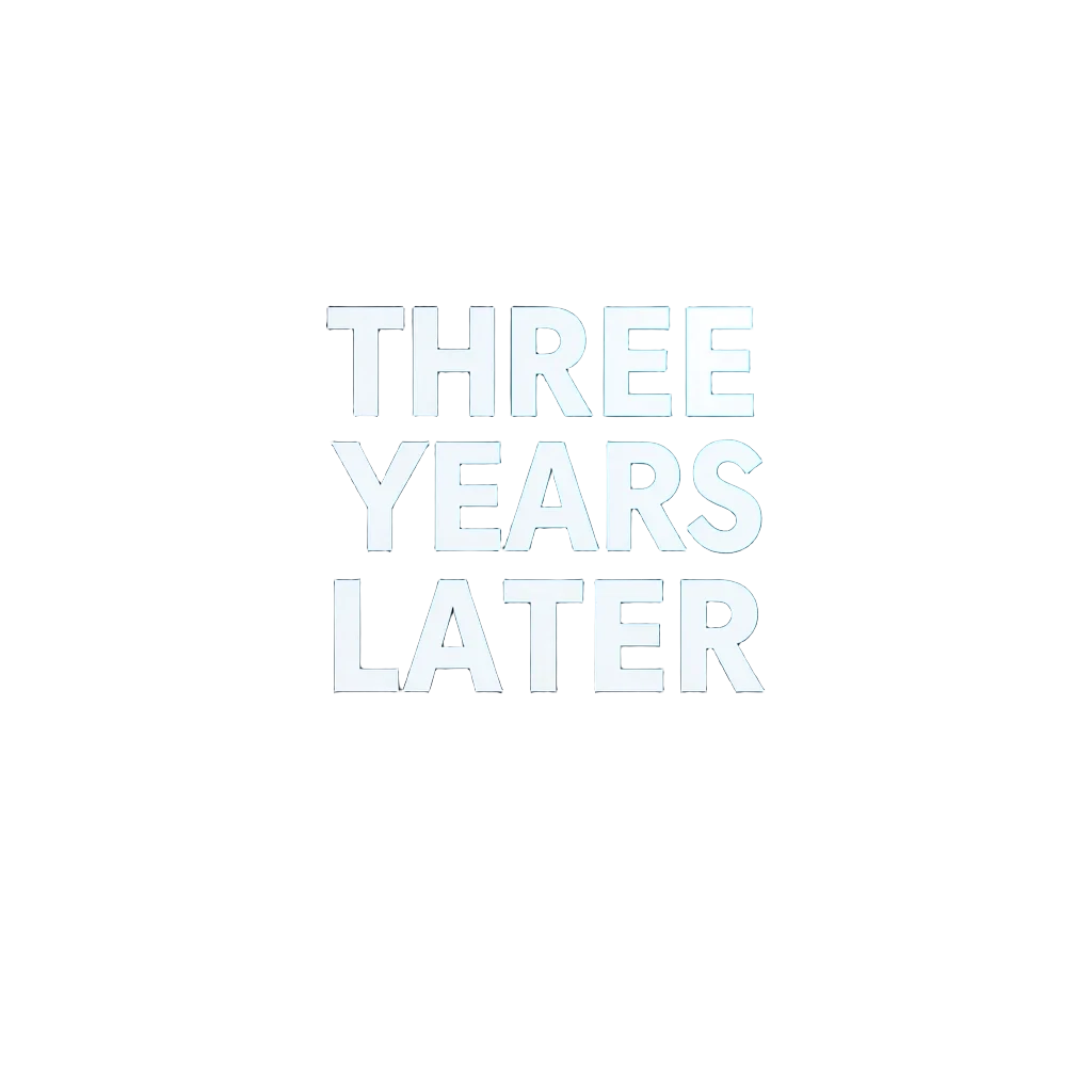 надпись заглавными буквами: "THREE YEARS LATER". Свет от проектора падает на экран, создавая атмосферу драматичного момента. Стиль постера к фильму, высокое качество,…