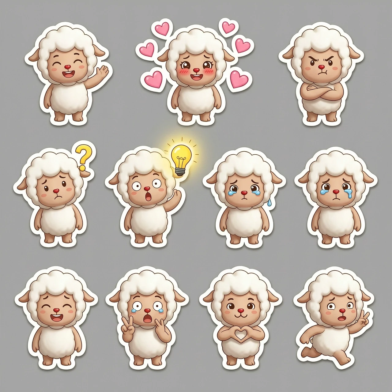 Sticker pack sheet of a cute sheep character, 3D cartoon style, high-quality render, C4D, Octane Render. The character has a red nose. The set includes multiple individual…