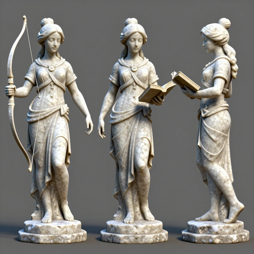 stone statue of a young woman, RIGHT hand holding a bow, LEFT hand holding an open book, arms separated, no overlapping hands, four views: front, back, left side, right side,…
