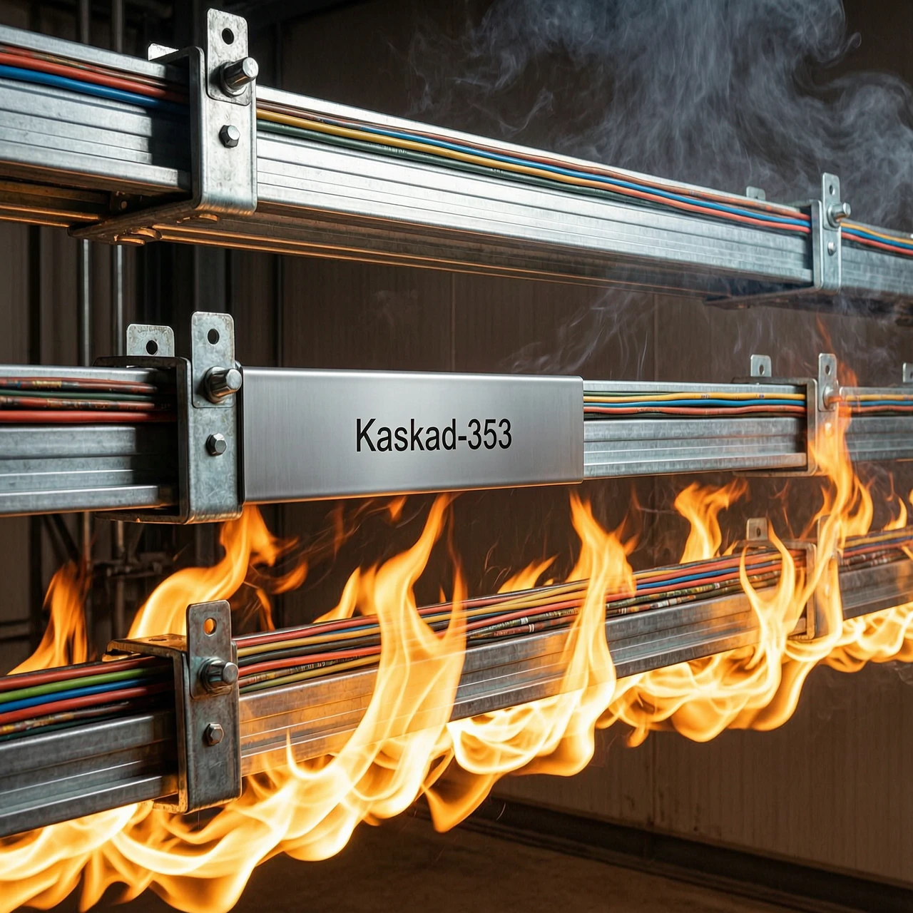 Side view cinematic shot of a professional cable gallery featuring three tiers of ladder-type cable trays. At the bottom, intense, realistic tongues of orange and yellow flame…