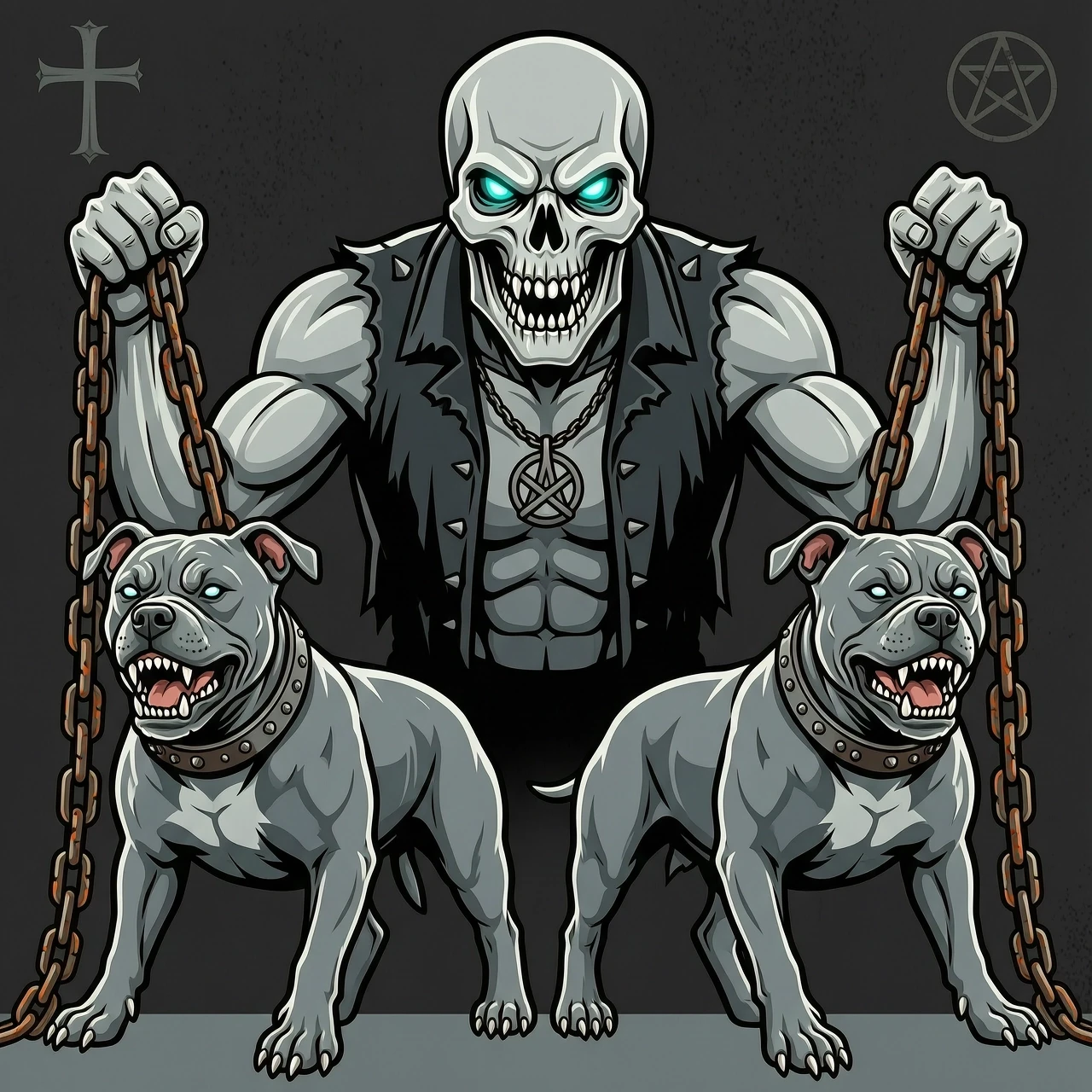 Vector art, flat design with strong black outlines, style inspired by Iron Maiden album art. A demonic figure with skeletal features and glowing eyes holds two aggressive…