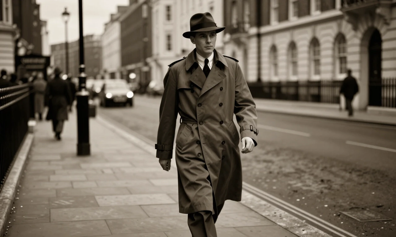 1940s man in trench coat and hat walking London street at dusk, moody cinematic lighting, sepia tone — работа пользователя Необыкновенный Фенрир