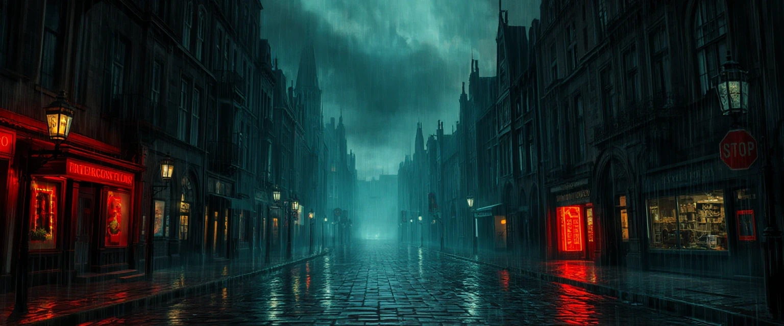 Urban gothic dark fantasy banner, rainy night cityscape with Victorian gothic architecture, glowing street lamps, misty cobblestone streets, subtle red neon signs reflection in…