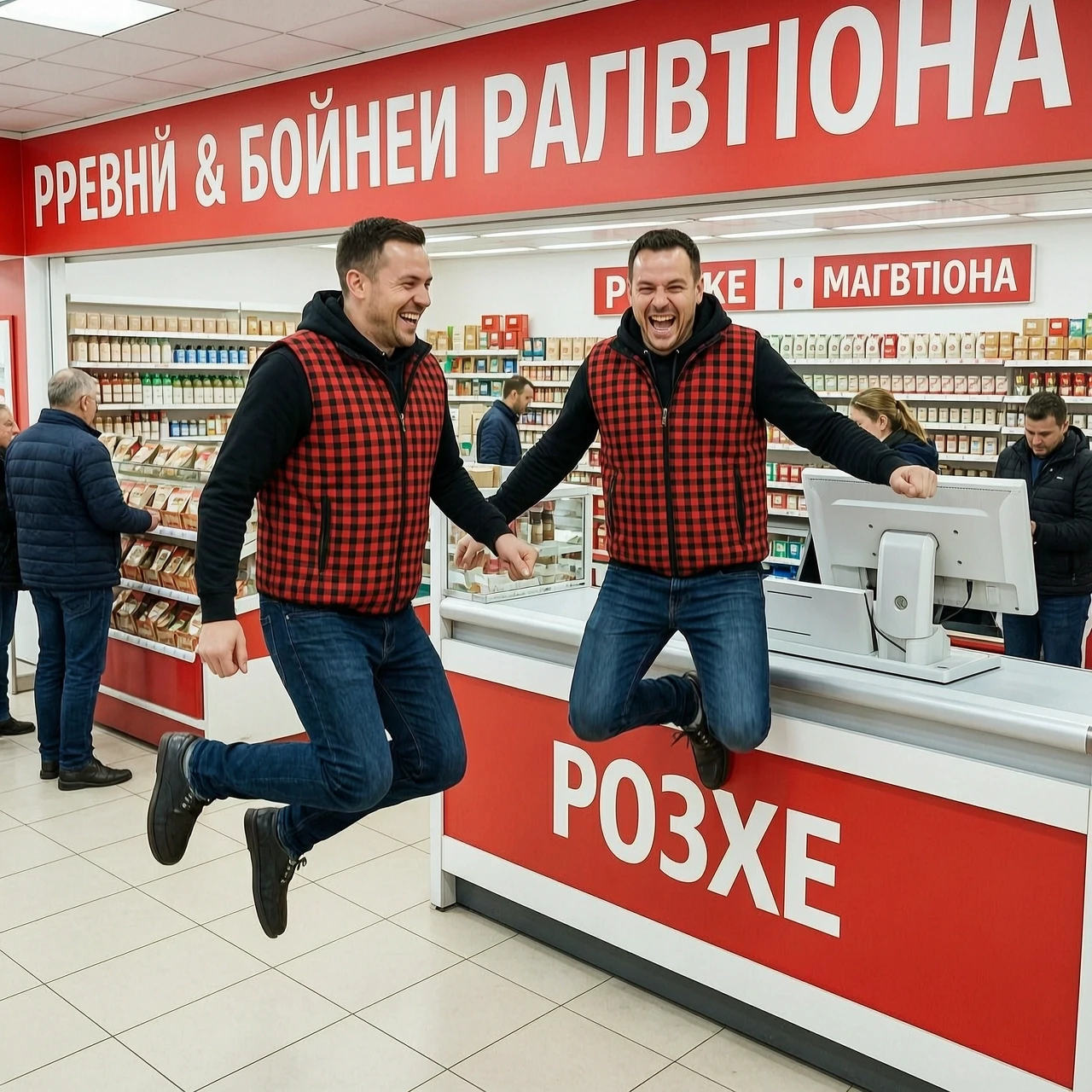 Продавцы в жилетках красно-черная клетка прыгают на кассе магазина красное&amp;белое — работа пользователя Неповторимая Аспидина
